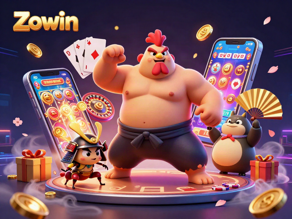 Zowin captivates players with a dynamic scene of a sumo wrestler rooster, fierce cricket, and tanuki announcer in a rich gaming atmosphere.
