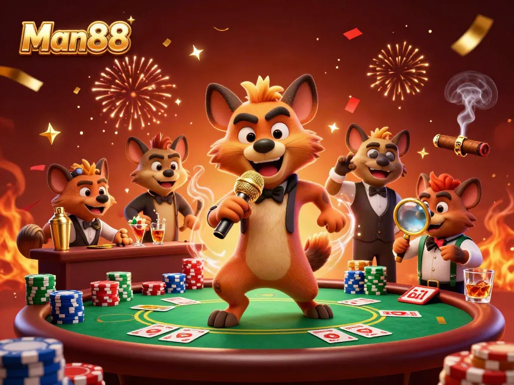 Man88 showcases vibrant sports betting excitement with hyena characters in a dynamic casino setting.