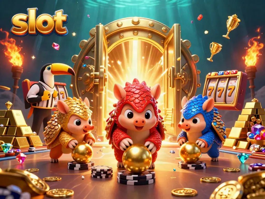 Engaging slot game scene with pangolins bowling through poker chips, surrounded by golden jackpot elements.