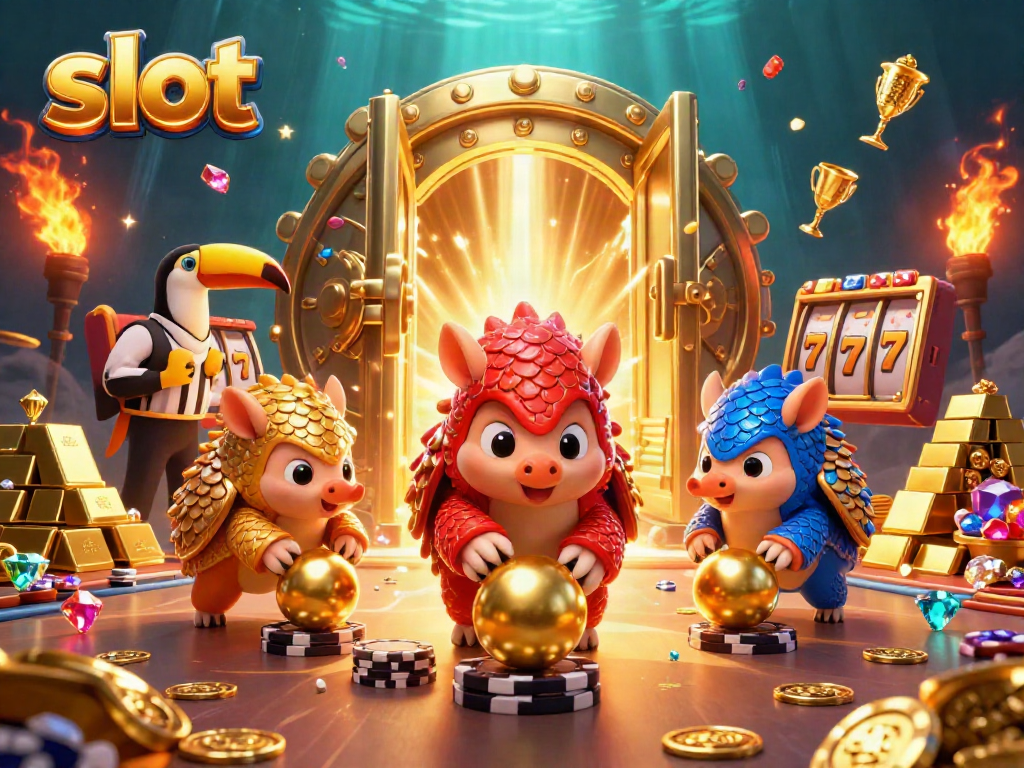 Engaging slot game scene with pangolins bowling through poker chips, surrounded by golden jackpot elements.