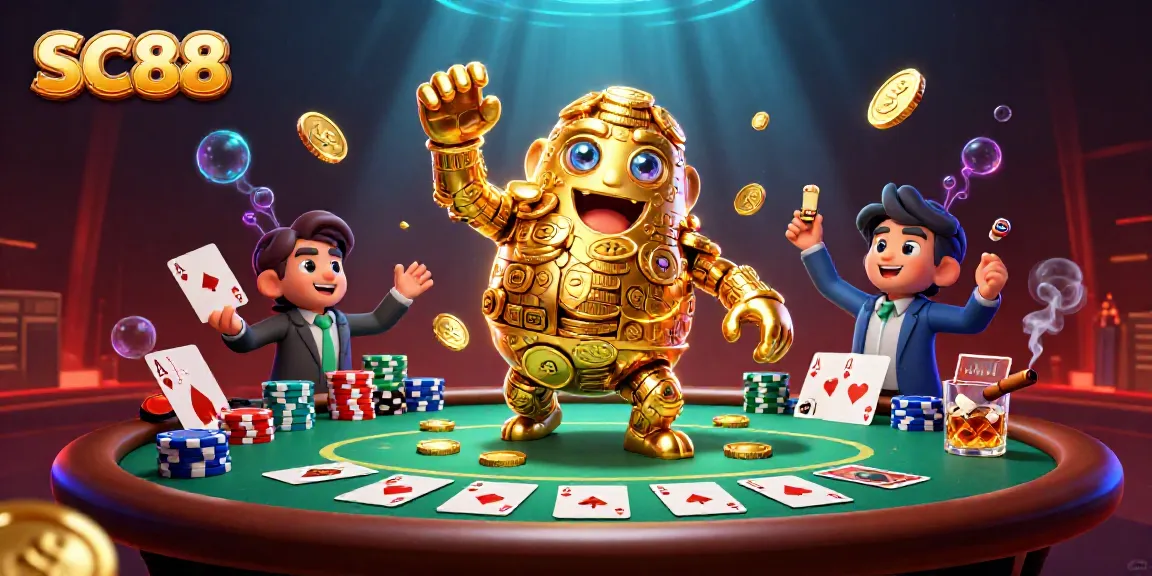 SC88 animated golden golem amidst a vibrant poker scene, radiating excitement and riches.