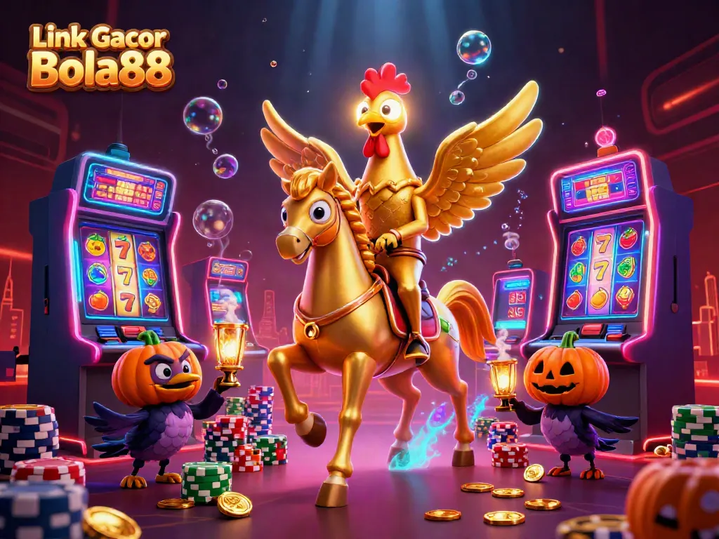 Win big with Link Gacor Bola88 in this vibrant casino scene showcasing golden rooster characters.