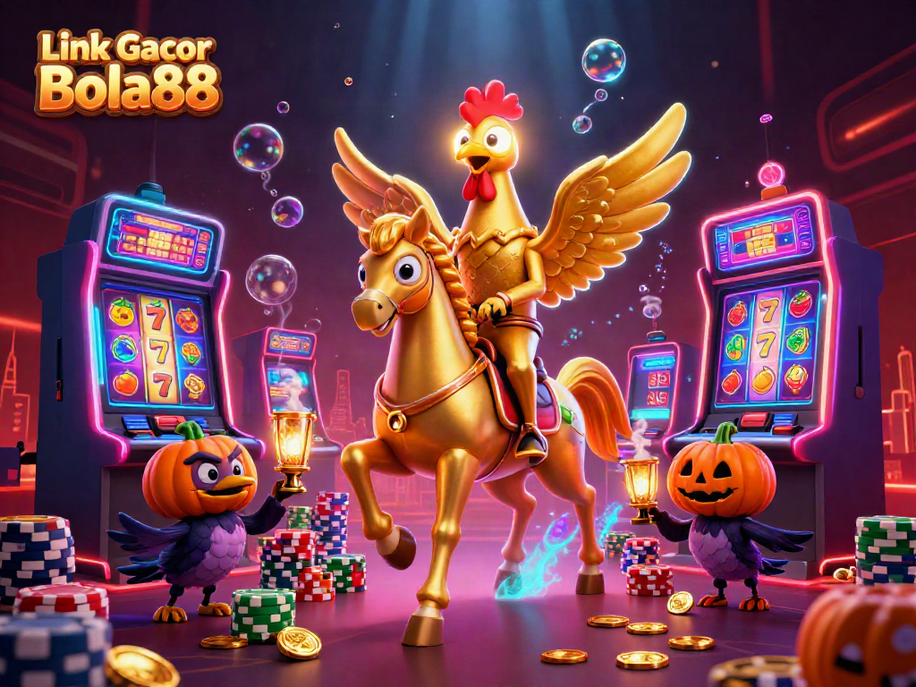 Win big with Link Gacor Bola88 in this vibrant casino scene showcasing golden rooster characters.