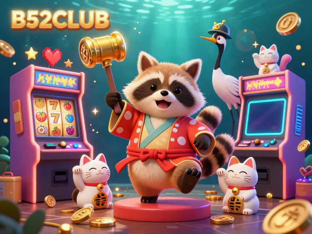 B52CLUB slots illustration featuring a cheerful tanuki and colorful fortune cats celebrating gaming wins.