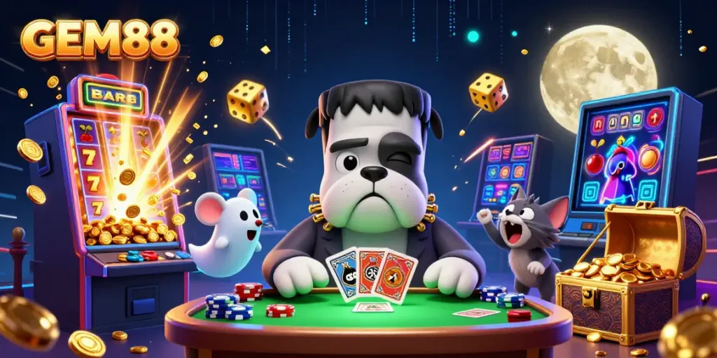 Experience GEM88's lively casino atmosphere with a playful Frankenstein bulldog dealing cards.