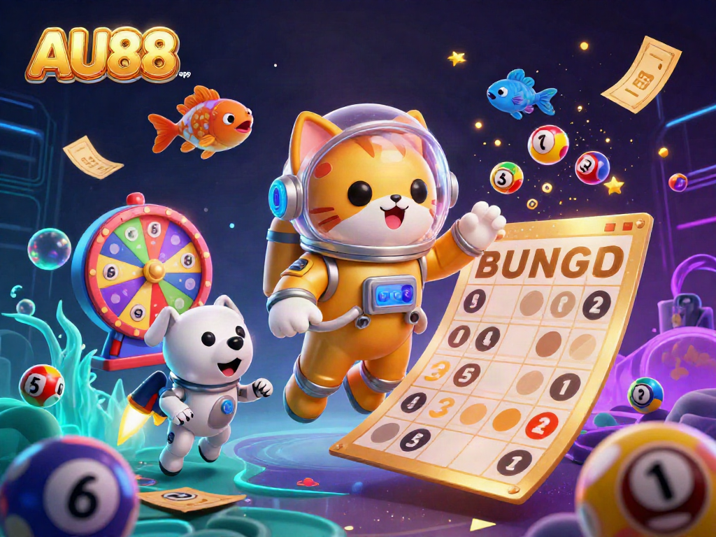 Experience winning excitement at au88app with a vibrant 3D casino space scene full of lottery elements.