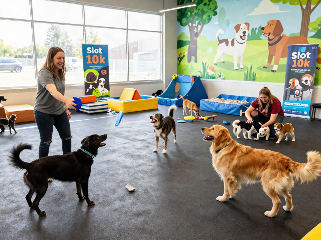 Engaging dog daycare with dogs playing, featuring slot 10k grooming packages.