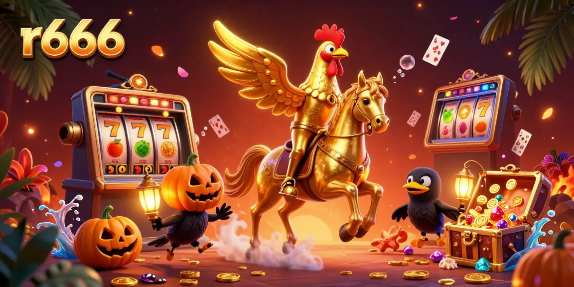 Experience r666 excitement with a golden rooster in a vibrant casino filled with floating slot elements.