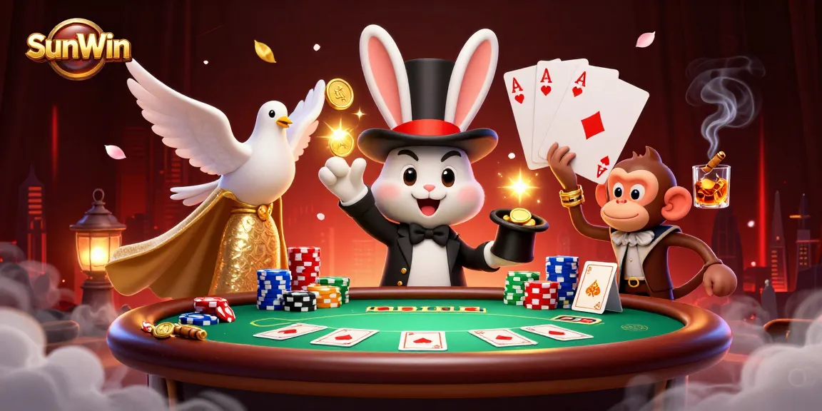 SunWin showcases a magician rabbit pulling coins amidst poker chips in a vibrant casino scene.