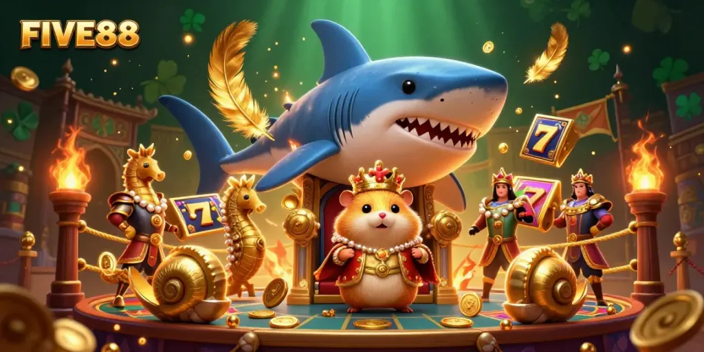 Engage with the exhilarating world of FIVE88 as a hamster king reigns over a vibrant casino scene filled with jackpots and winning opportunities.