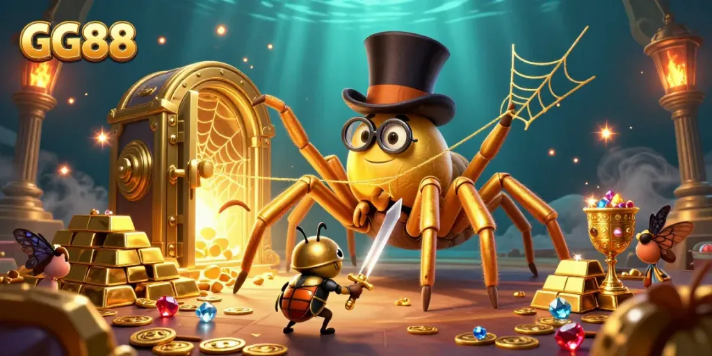 Engage with GG88's vibrant casino world featuring gold treasures and whimsical characters.