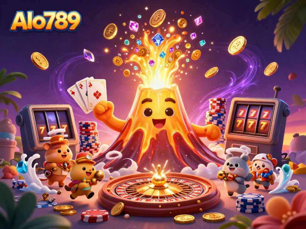 Alo789 showcases an exhilarating experience with a golden volcano erupting treasures amidst a vibrant casino atmosphere.