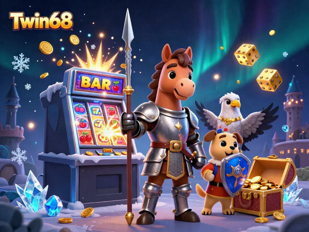 Experience the excitement of Twin68 with a vibrant 3D illustration featuring medieval characters and casino game elements.