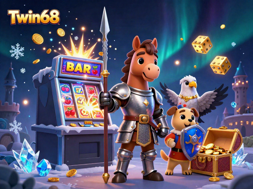 Experience the excitement of Twin68 with a vibrant 3D illustration featuring medieval characters and casino game elements.