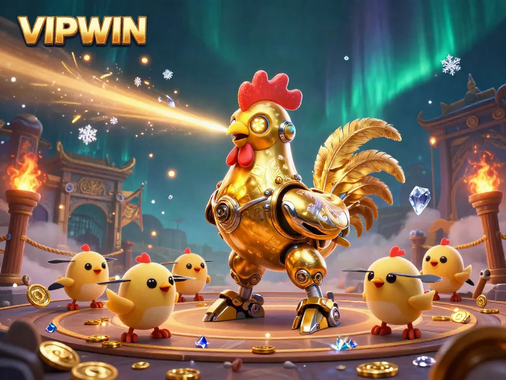 Experience thrilling gameplay at VIPWIN with a futuristic rooster robot and dynamic baby chick drones.