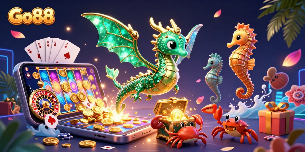 Experience excitement with Go88's lavish casino scene featuring a sea dragon and slot games.