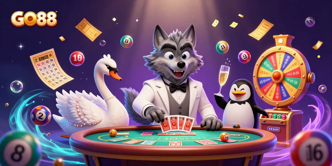 Experience GO88 with vibrant characters and engaging gambling elements in this lively illustration.