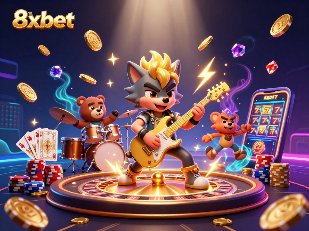 Experience 8xbet with an electrifying scene of gaming excitement featuring animated characters and casino elements.