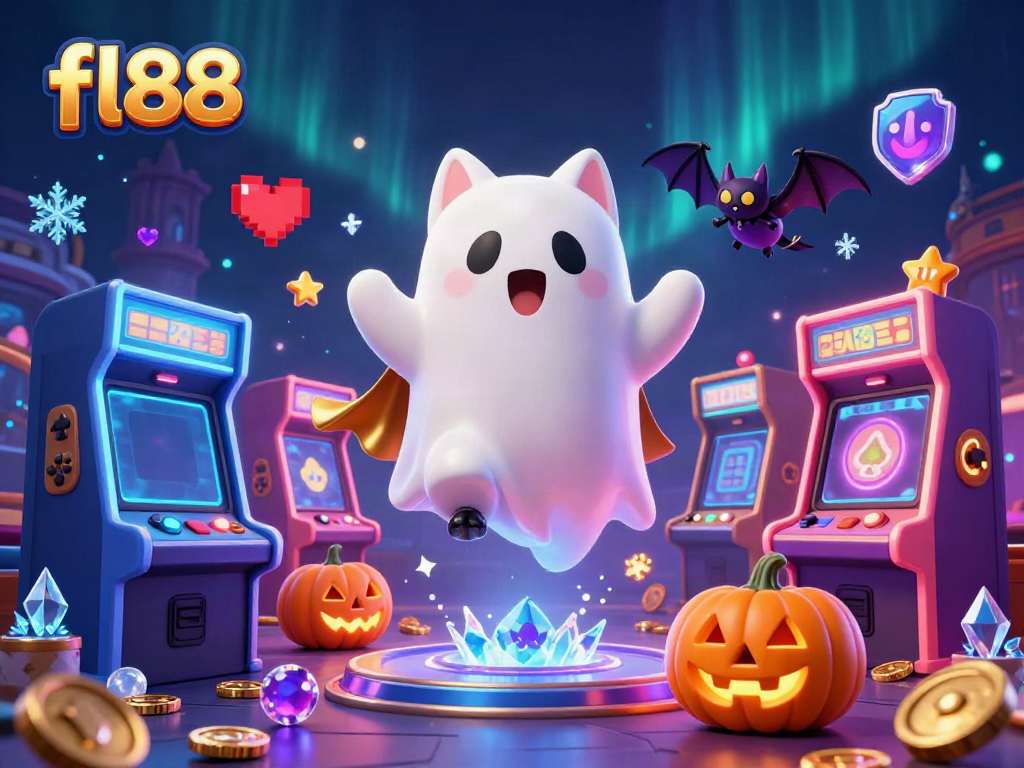 Engage in thrilling gameplay at fl88 with a vibrant 3D casino scene featuring a friendly ghost cat and arcade elements.