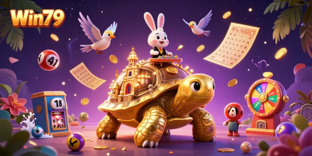 Experience thrilling gameplay at Win79 with a vibrant 3D illustration of a casino-themed scene.