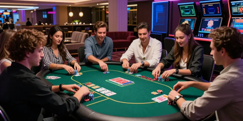 Exciting online casino gaming scene showcasing friends gathered around a poker table at h19gene com.