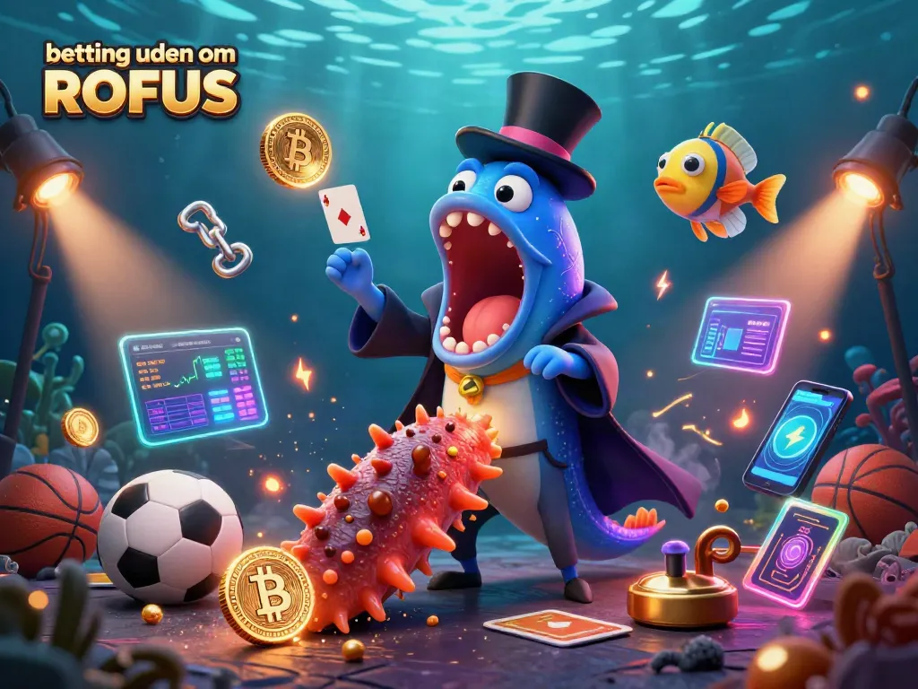 Engage in betting uden om ROFUS with thrilling sports action surrounded by glowing cryptocurrency symbols.