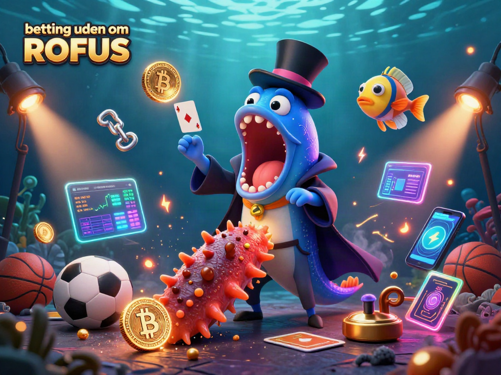 Engage in betting uden om ROFUS with thrilling sports action surrounded by glowing cryptocurrency symbols.