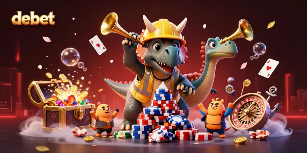 Experience debet's vibrant casino scene with a triceratops building poker chips and celebrating elements.