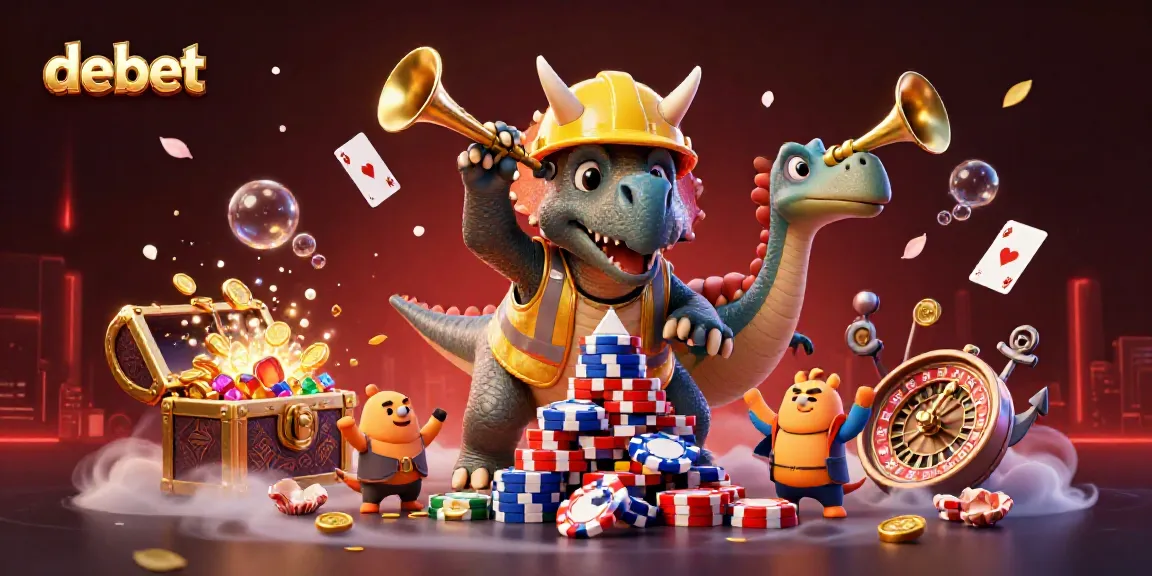 Experience debet's vibrant casino scene with a triceratops building poker chips and celebrating elements.