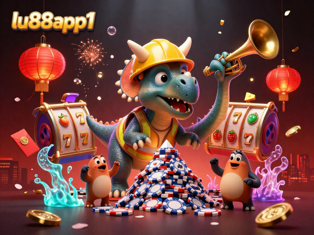 Engage with the exciting world of lu88app1 featuring cheerful characters celebrating a poker chip pyramid!