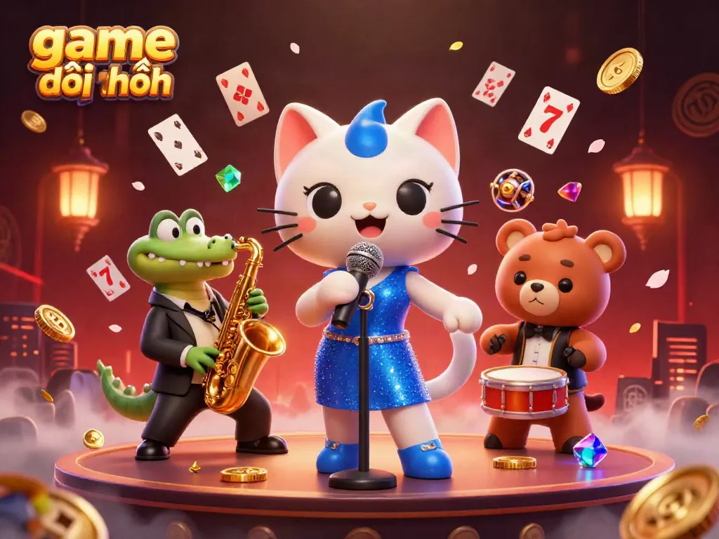 Engaging scene of a jazz-singer cat and friends showcasing game đổi thưởng excitement with cards and coins.