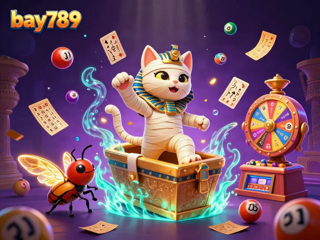 Experience bay789 excitement with a vibrant casino scene featuring a mummy cat and games.