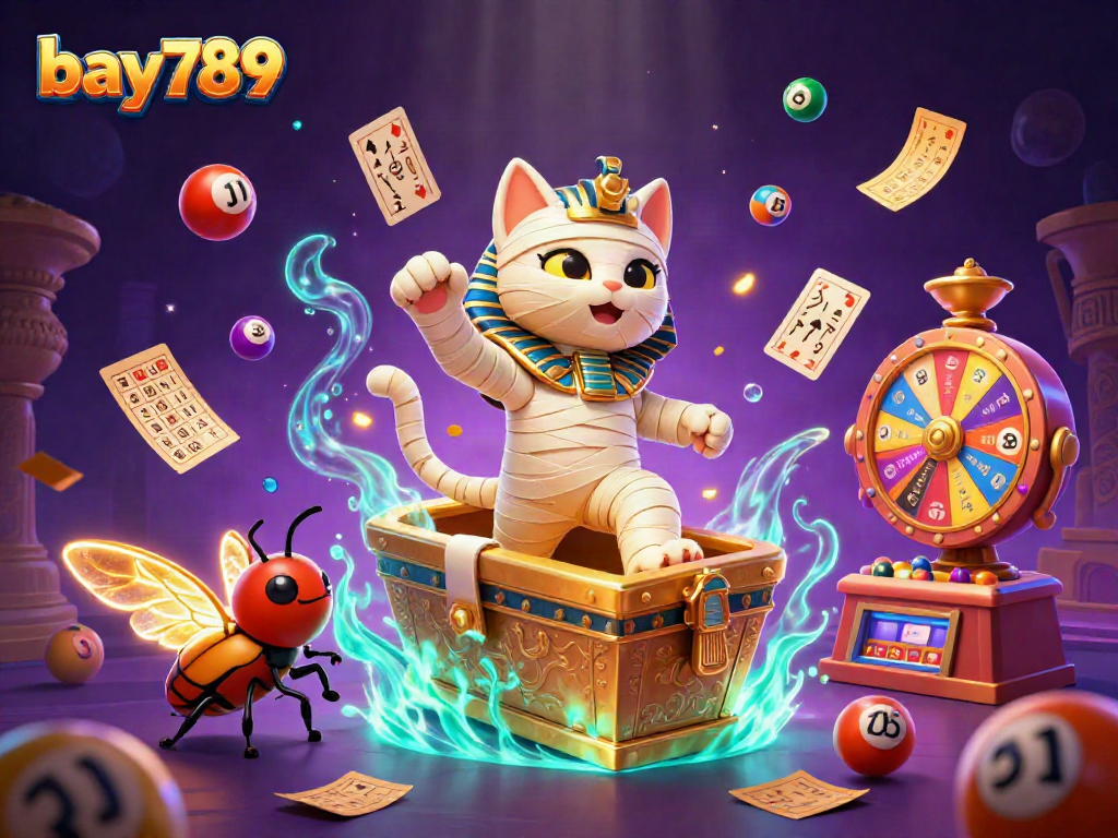 Experience bay789 excitement with a vibrant casino scene featuring a mummy cat and games.