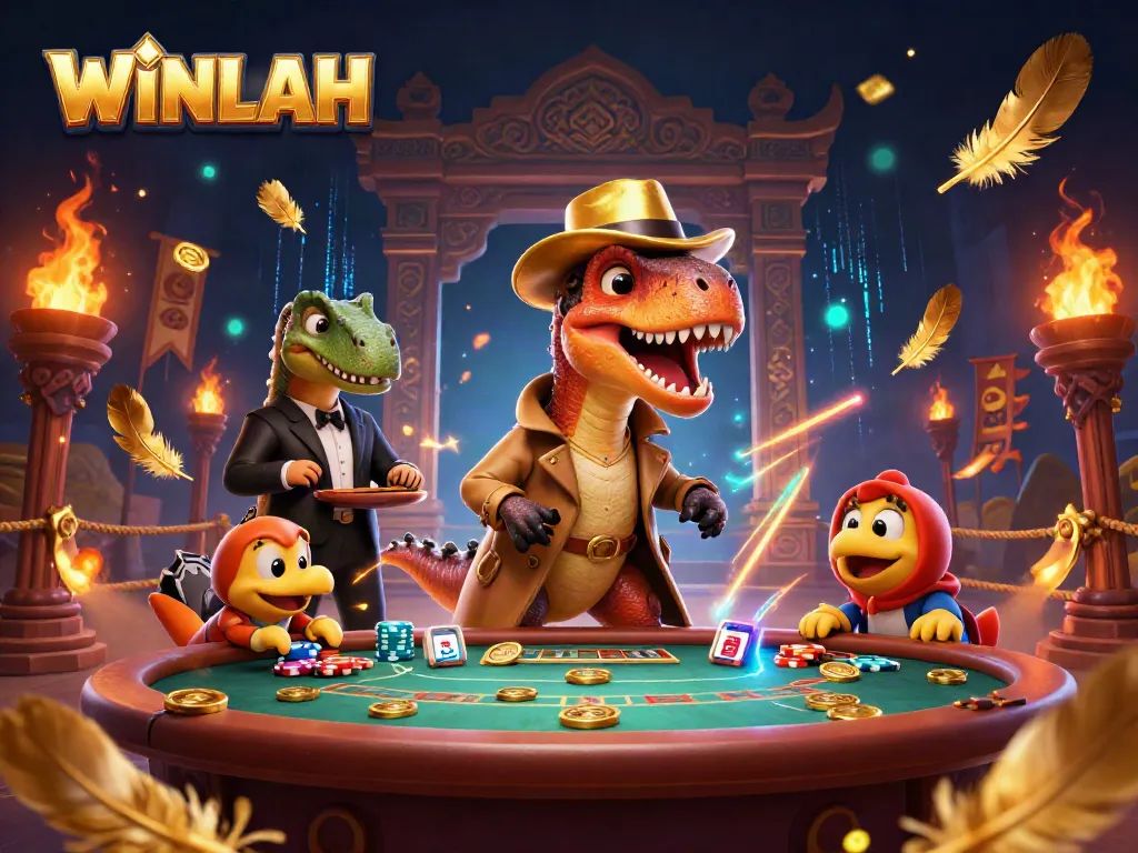 WINLAH engages in a blackjack showdown with a velociraptor card counter and eyeing pit boss.