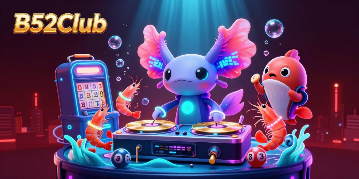 Experience excitement at B52Club with a neon axolotl DJ, vibrant lottery themes, and glowing underwater effects.