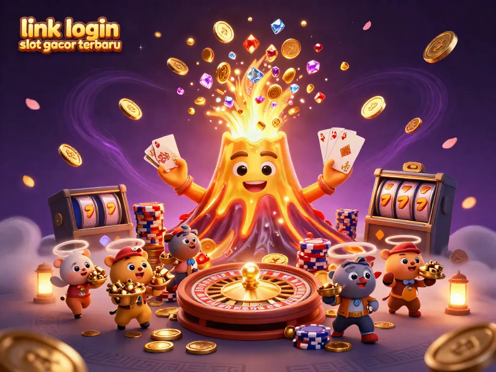 Mengakses link login slot gacor terbaru dengan gambar slot penuh harta dan simbol keberuntungan di tengah keceriaan.