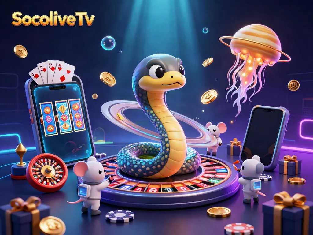Engage with SocoliveTv as astronaut mice interact with a cosmic roulette wheel amidst a vibrant casino scene.