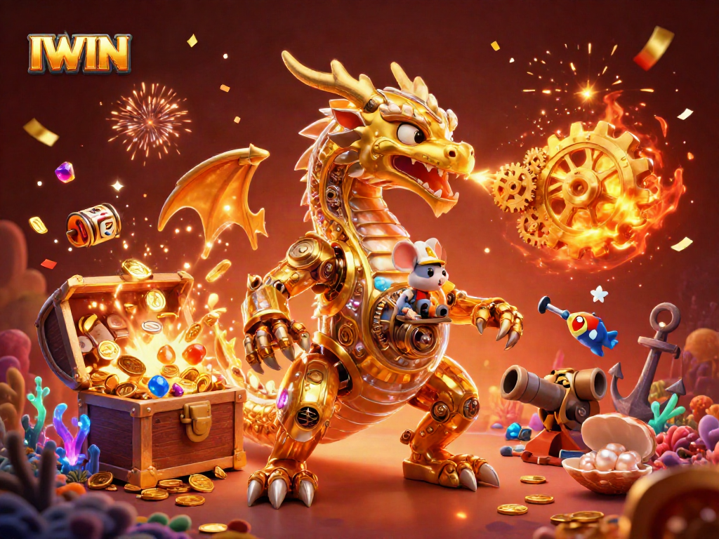IWIN showcases a festive 3D scene featuring a golden dragon, slot reels, and treasure chests bursting with coins.