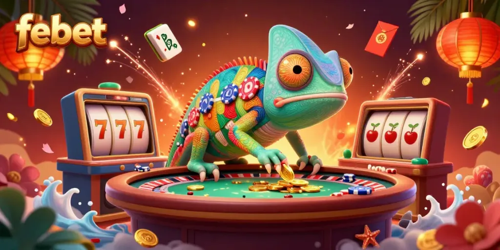 Experience the vibrant casino atmosphere at febet with a dynamic chameleon character and rich game elements.