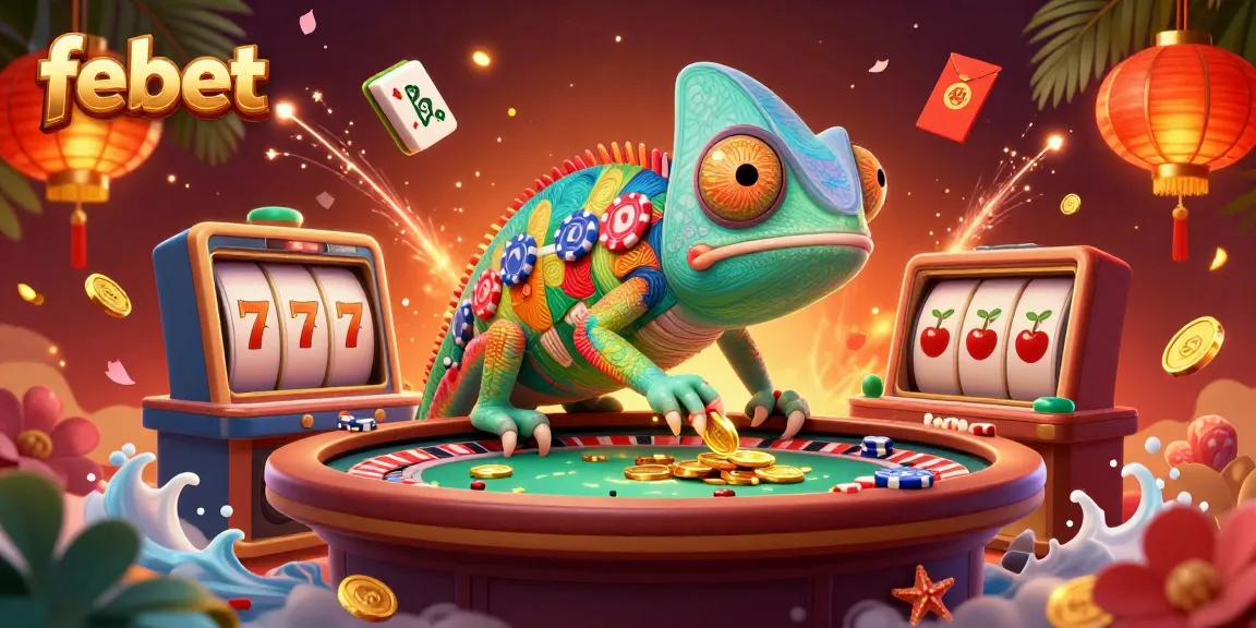 Experience the vibrant casino atmosphere at febet with a dynamic chameleon character and rich game elements.