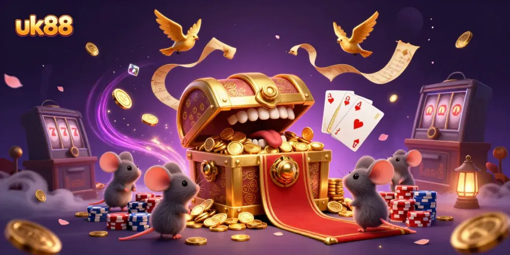 Experience the exciting thrill of uk88 as adventurer mice encounter a treasure chest surrounded by vibrant casino elements.