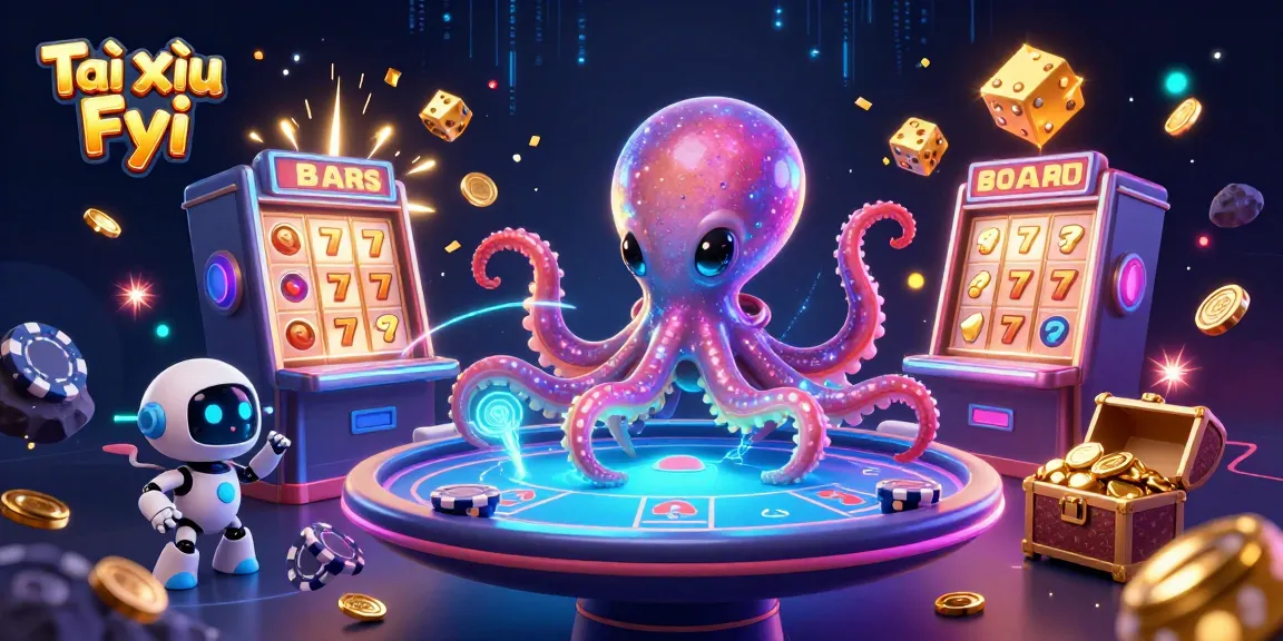 Tài Xỉu Fyi showcasing an alien octopus engaging in poker amid dynamic casino elements and enchantment.