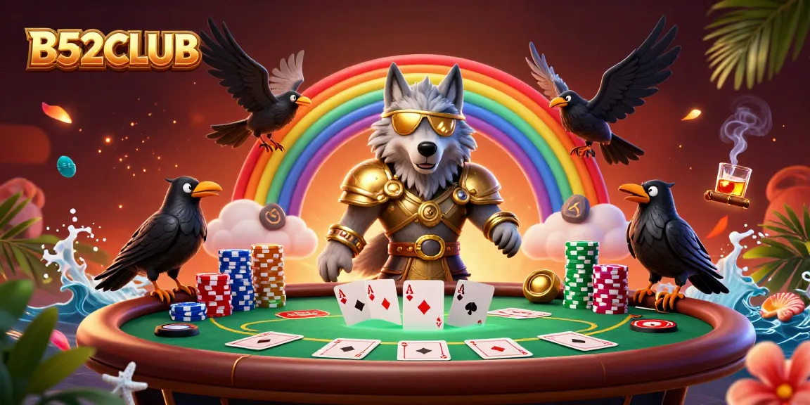 B52CLUB showcases Odin and his ravens on a rainbow bridge of casino chips, blending Norse mythology with thrilling gaming scenes.