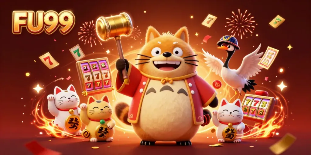 Join the excitement with FU99's 3D festive casino illustration featuring cheerful characters and vibrant game elements.