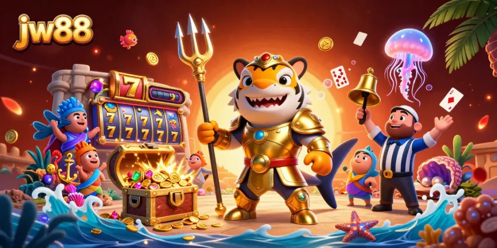 Engage with vibrant jw88 casino action featuring a shark gladiator with slot elements and dynamic gameplay.