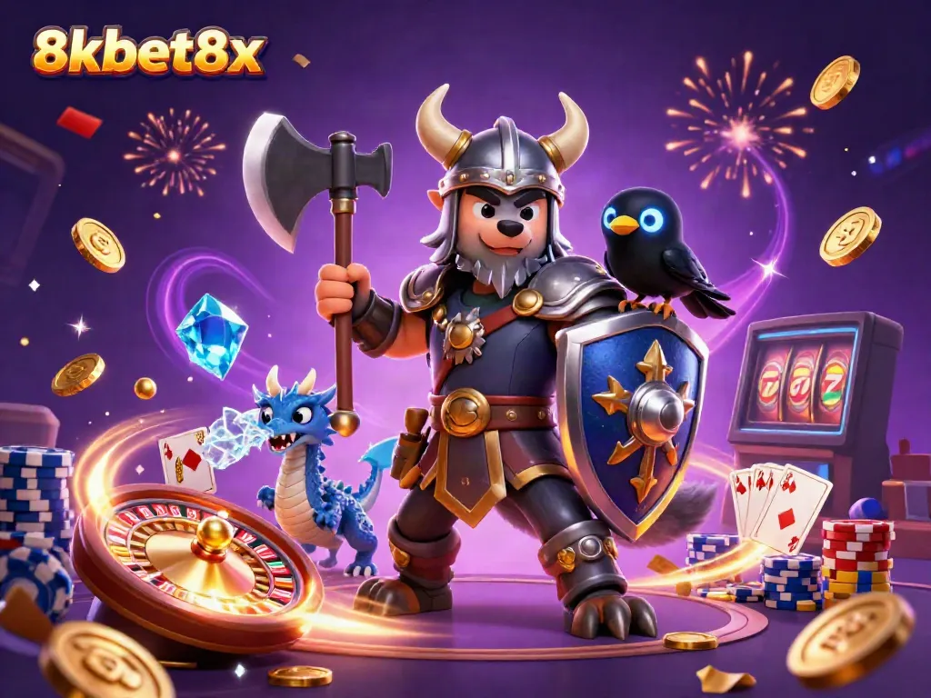 Bet on exciting casino adventures with 8xbet8x; vibrant 3D Viking wolf warrior and dragon in an action-packed gaming scene.