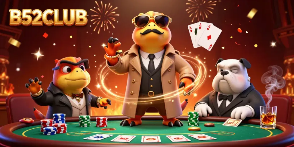 Engage with B52CLUB at a lively casino where three raptors hilariously attempt to sneak in, amidst vibrant poker elements.