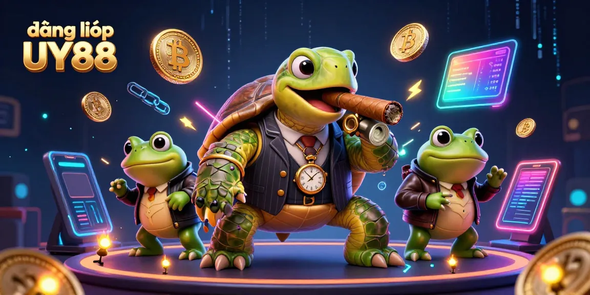 Experience the exciting world of gaming with đăng nhập UY88 featuring a mobster turtle and bullfrog enforcers amid digital casino elements.