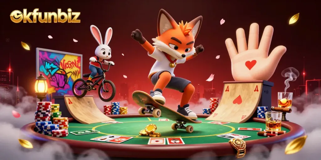 okfunbiz ignites excitement with animated fox and rabbit in a vibrant casino scene