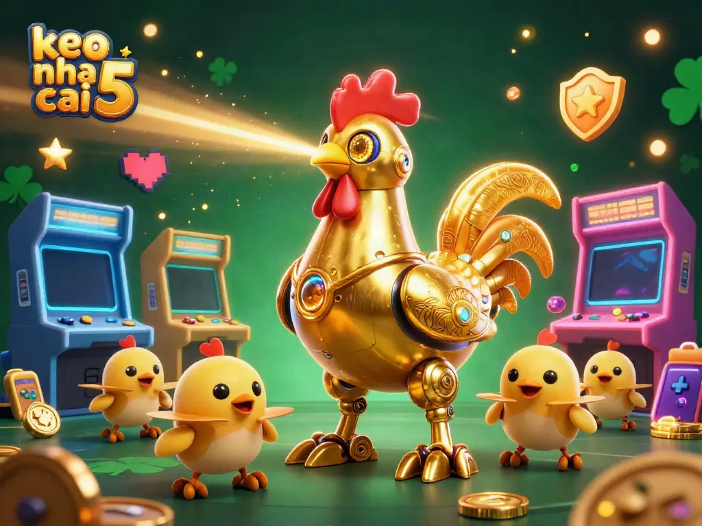 Experience exciting gaming with the keo nha cai 5 golden rooster robot amidst colorful arcade machines.